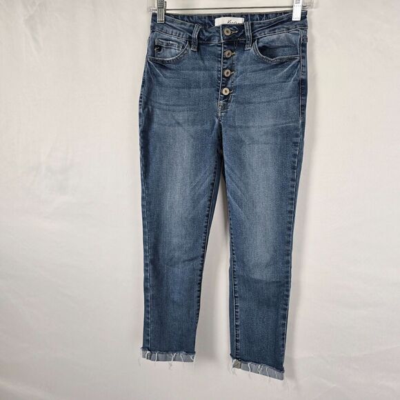 Kancan Jeans Women's 28 Blue Medium Wash Button Fly Rolled Raw Hem Cropped - Picture 16 of 16